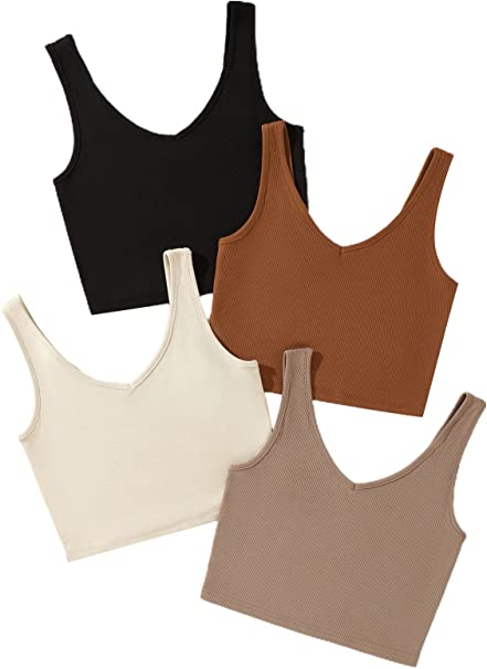 Milumia Women's 4 Pack Ribbed Knit V Neck Sleeveless Plain Fitted Crop Tank Top Set