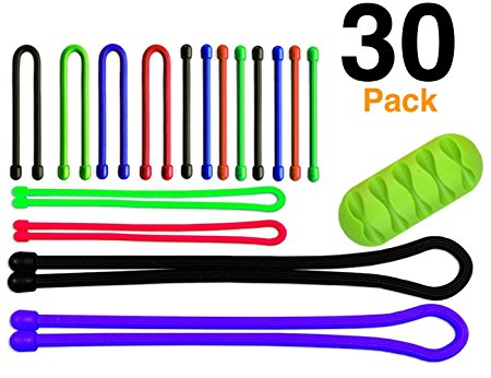 30 Pack O'Hill Multi-Color Reusable Rubber Twist Ties Eco-Friendly Silicone Cable Tie for Computer, Appliance and Electronic Cord Management, Bonus with Table Cable Organizer (30pcs)