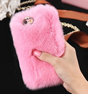 iPhone 7 Plus Case, WwWSuppliers Luxury Fancy Bling Crystal Rhinestone Rabbit Fur Skin Case For Apple iPhone 7 Plus Fancy Furry Cover Shell ~ Estuche Funda (Pink)