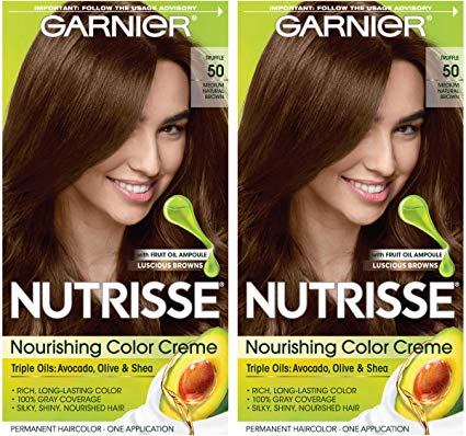 Garnier Nutrisse Nourishing Permanent Hair Color Cream, 50 Medium Natural Brown (Truffle) (2 Count) Brown Hair Dye