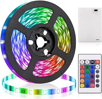 iCreating Battery Powered RGB LED Strip Light Battery RGB LED Strip Lights Kit with 16.4ft SMD 5050 Color Changing Battery RGB Light Strip Non-Waterproof, Multicolor 24Key Remote Controller