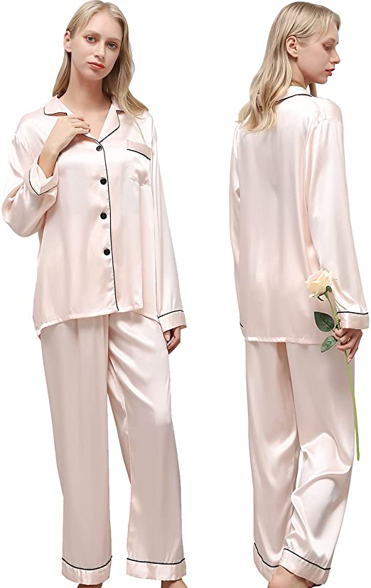 Ladieshow Silk Satin Pajama Set for Women,2 Piece Sleepwear for Ladies,Long and Short Button Down PJ Set