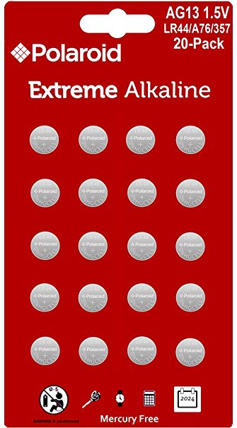 Polaroid Extreme GPA76 LR44 AG13 1.5V Button Cell Alkaline Batteries Hexbug Compatible (20-Pack)