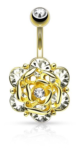 Flower Head with Gems CZ 316L 14GA Navel Belly Ring - Choose Silver Tone, Gold Tone, or Rose Gold Tone
