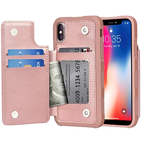Arae Case for iPhone X/iPhone Xs - Wallet Case with PU Leather Card Pockets [Shockproof] Back Flip Cover for iPhone X/Xs 5.8 inch (Rosegold)