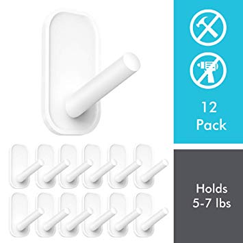 Adhesive Hooks, Heavy Duty Wall Hooks, Towel Hooks for Bathrooms 12 Value Pack, Clear Frosted Strips Hooks White Decorate, Sticky Hook for Backpack, hat, Scarf, Belt, Hanging Coats, Water-Resistant