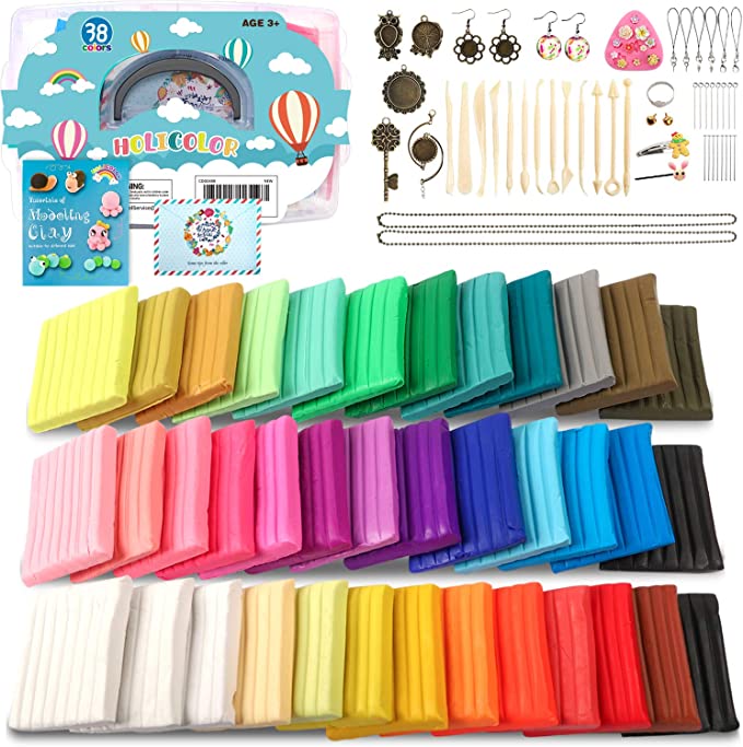 HOLICOLOR 38 Colors (1.4 Ounce Per Pack) Polymer Clay Kit Includes Extra 1 White and 1 Black Oven Bake Clay with Accessories Sets and 14 Sculpting Tools, Manual Book, Magic Modeling Clay kit