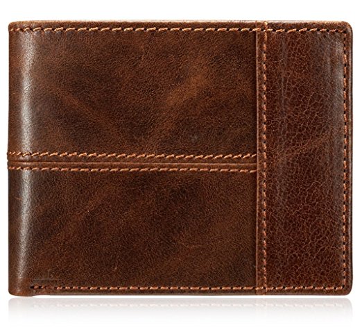 KALMORE(TM) Men's Classic Vintage Brown Genuine Cow Leather Zipper Bifold Wallet