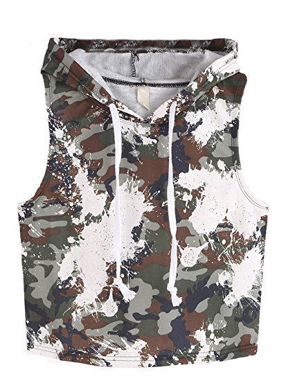 ROMWE Women's Summer Sleeveless Tie Dye Hooded Crop Top(One Size)