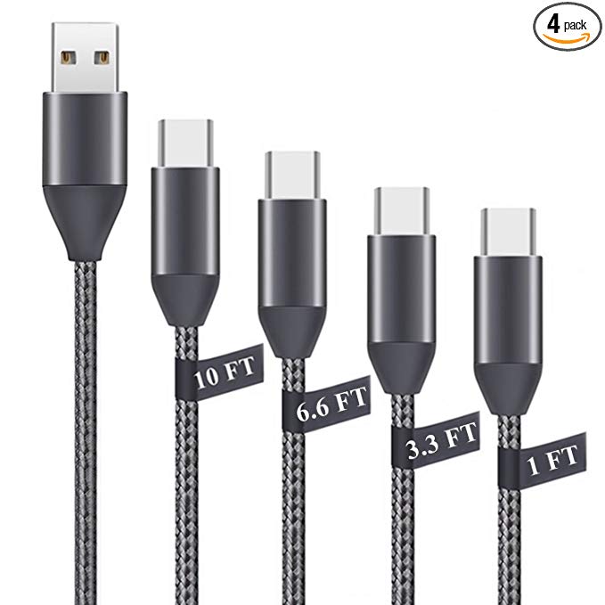 USB C Cable 1FT 3.3FT 6.6FT 10FT 4Pack,Type C to USB A 2.0 Charger Nylon Braided USB-C Charging Cord fit Samsung Galaxy S8 S9 Plus Note 8 9 LG G5 G6 V20 V30 Moto Z Z2 Google Pixel 2 XL Nintendo Switch