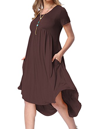 Levaca Womens Summer Short Sleeve High Low Pleated Swing Loose Casual Midi Dress