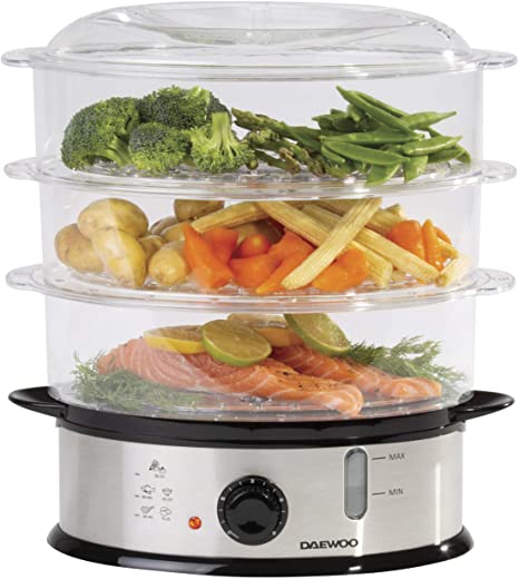 Daewoo 3 Layer Food Steamer, 9L Capacity, Stainless Steel with Black Dial, Automatic Shut Off with Rice Bowl Included, Water Level Indicator, Dishwasher Safe Tiers, Steam 0-30 Minutes - 1200W