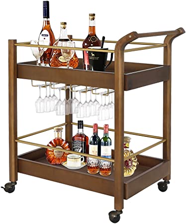 LAZZO Bar Serving Cart, Home Kitchen Wine Cart with Goblet Glass Holder, Handle Rack, Spherical Wheels Rolling, 2 Wood Metal Stroage Shelves, Rustic& Mobile Serving Trolley for Home Restaurant, Brown