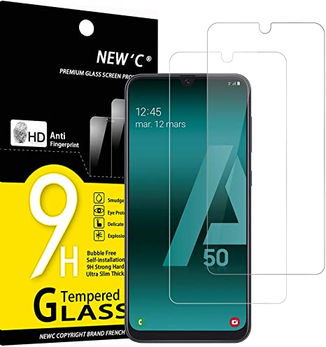 NEW'C 2 Pezzi, Vetro Temperato Compatibile con Samsung Galaxy A50 (SM-A505F), Pellicola Prottetiva Anti Graffio, Anti-Impronte, Durezza 9H, 0,33mm Ultra Trasparente, Ultra Resistente