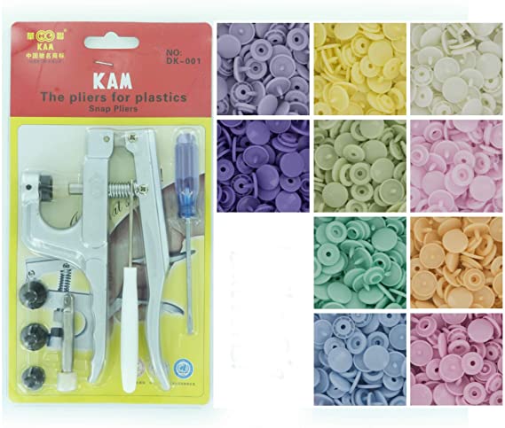 Bundle - 2 Items: Starter Pack KAM Plastic Snap Setting Pliers & Awl Set with 100 Complete KAM Plastic Snap Sets for Cloth Diapers/Baby Bibs/Buttons/Unpaper Towels