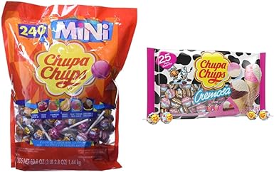 Chupa Chups Lollipops, Mini Assorted Flavours, 240 Count & (1) bag Cremosa Lollipops Candy 2 Ice Cream Flavors - Strawberry and Cream, Choco-Vanilla - Fat, Peanut & Gluten Free 25 pieces/10.58 oz