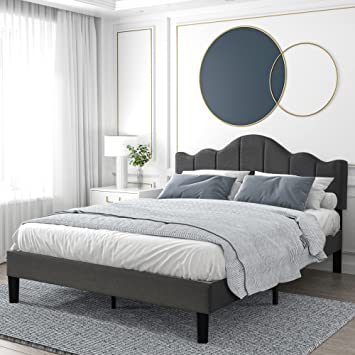 VECELO Queen Upholstered Platform Bed Frame,Mattress Foundation with Height Adjustable Tufted Headboard,Strong Wood Slat Support, No Box Spring Needed,Shadow Grey