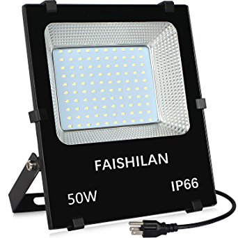 FAISHILAN 50W LED Flood Light Outdoor-IP66 Waterproof Outdoor Lamp with US-3 Plug 5000Lm, 6500K Floodlight for Garage, Garden, Lawn and Yard ( White Light)