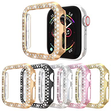 [5-Pack] Case Compatible with Apple Watch Series 4 40mm 44mm Series 3 2 1 38mm 42mm,Double Row Bling Crystal Diamonds PC Plated Cover Protective Bumper (Black Silver Pink Gold Rose Gold, 44mm)