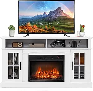 COSTWAY Electric Fireplace TV Stand for TVs Up to 65 Inches, 1400W Heater Insert with Remote Control, 6H Timer, 3-Level Flame, Overheat Protection and CSA Certification, Adjustable Shelves, White