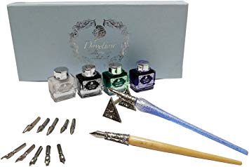 Daveliou Calligraphy Pen Set - 17-Piece Kit - Silver Leaf Blue Glass & Wooden Pens - 10 Nib & 4 Ink Set - Superior Control