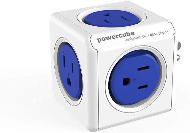 Allocacoc PowerCube |Original|, 5 Outlets, Surge Protection, Wall Plug, Cell Phone Charger, Compact for Travel, Home and Office, Space Saving, ETL Certified(Blue)