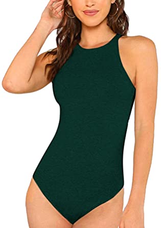 Milumia Women Skinny Halter Bodysuit Mid Waist Solid Fitted Tank Shapewear Romper Top