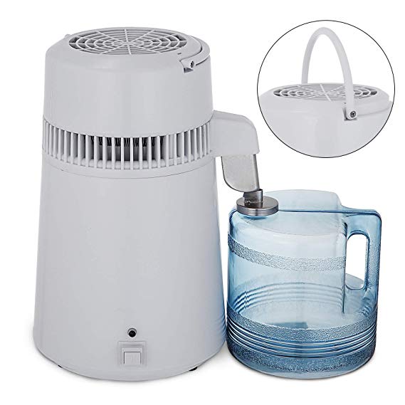 VEVOR Stainless Steel Water Distiller 750W Water Distillation Kit 1.1 Gallon/4 L Water Distiller Home Countertop Connection Bottle Food-Grade Outlet Glass Container (White)