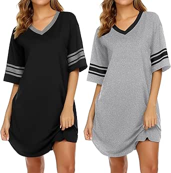 Ekouaer Nightgowns for Women 2 Pack Sleepshirts Short Sleeve Nightshirt V Neck Sleepwear Casual Pajama Dress