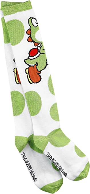 Official Super Mario Bros Yoshi Green an White Knee High Socks - One Size