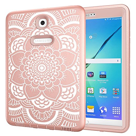 Galaxy Tab S2 9.7 Case, Hocase Rugged High Impact Shock Resistant Double Layer Hard Rubber Protective Case Cover for the Samsung Galaxy Tab S2 9.7" - Rose Gold Flower