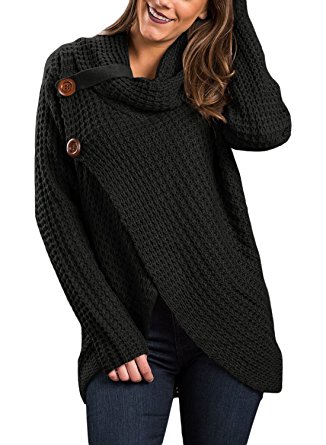 Asvivid Women's Chunky Turtle Cowl Neck Asymmetric Hem Wrap Sweater Coat with Button Details