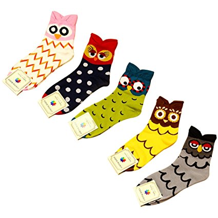 FENTI Women Cute Owl Pattern Soft Cotton Crew Socks 4/5/6 Pair Multicoloured