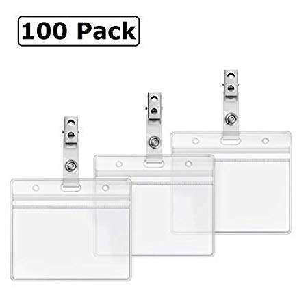 Horizontal ID Badge Holder and Metal Clips with Vinyl Strap Clear Plastic Name Tag Holders Waterproof PVC ID Card Holder by ZHEGUI(100 Pack, Horizontal 2.3X3.5)