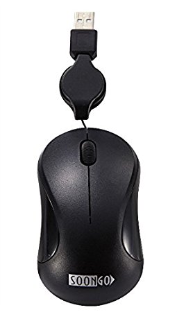 Computer Mini USB Wired Optical Mouse for Laptop with Retractable Cable by SOONGO (Black)