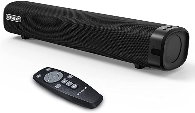 TOPVISION 50W Soundbar, 16-Inch Small Sound Bars for TV, 3 Equalizer Modes, Wireless Bluetooth 5.0, Optical/Aux/USB Connection, Mini Soundbar with Built-in DSP for TV, PC, Projectors, Tablets