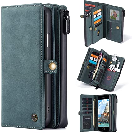 iPhone 8 Plus Case, iPhone 7 Plus Wallet Case, XRPow [2 in 1 Detachable Magnetic] [Vegan Leather] Folio Card Pocket Clutch Case (5.5Inch) Slim Shock Protection Flip Cover - Blue Green