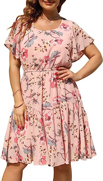 Nemidor Womens Casual Plus Size Summer Boho Chiffon Print Midi Skater Dress with Ruffle Sleeve NEM297