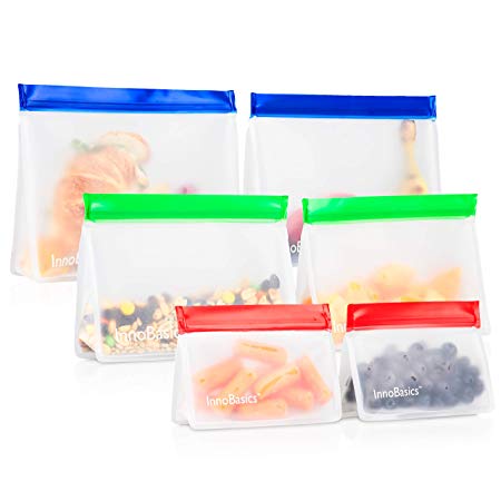 Eco Friendly Reusable Snack Bags: InnoBasics Food Storage Bags for Snacks, Lunch - Washable Leakproof Zip and Lock Sandwich Bag Pack for Kids - 2 Large, 2 Medium, 2 Small Zipper Baggies