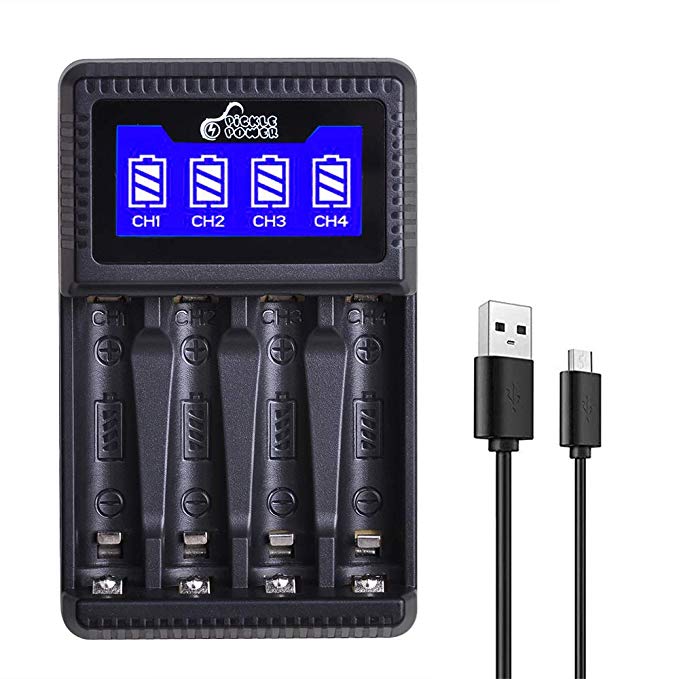 AA Battery Charger AAA Battery Charger 4 Bay, Pickle Power Ni-MH AA & AAA Charger with USB Port 5V for Rechargeable Batteries, Featured Smart LCD Display Auto-Detect Function, Over-Charge Protection