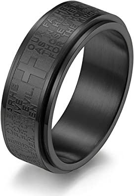 INRENG 8MM Stainless Steel Bible Christian The Lord's Prayer Cross Ring Wedding Band