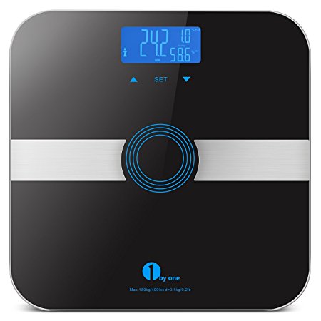 1byone Body Fat Scale Body Scale Bathroom Scale with Tempered Glass, 180kg/400lb Weight Capacity, 10 Users Auto Recognition, Measures Weight, Body Fat, Water, Muscle, Calorie and BMI, Black