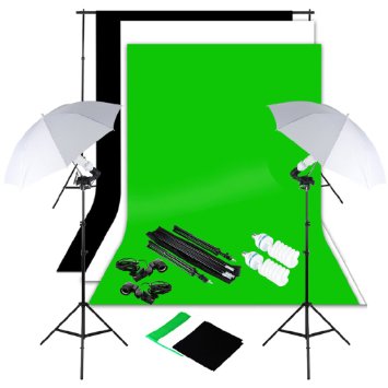 Excelvan Photography Photo Portrait Studio Continuous Lighting Kit 1250W Daylight Umbrella   Backdrop Support Stand (10x6.5 ft)   3 Background (9x6 ft, White Black Green)