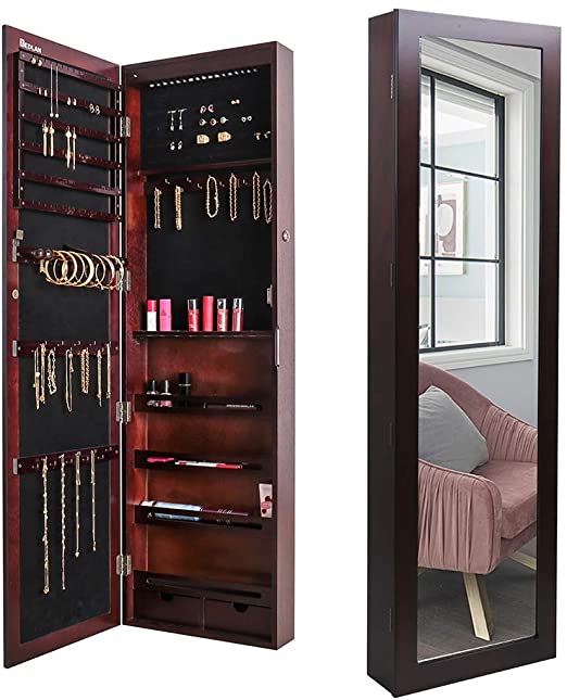 KEDLAN Door Jewelry Cabinet 47 x 14 Inch with Full-Length Mirror 6 LED Hanging Lockable Wall Large Storage Dark Brown