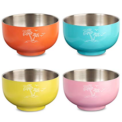 Set of 4 Colors – 20 Ounce Double Wall Stainless Steel Kids and Toddler Cereal Bowls, Soup Bowls, Snack Bowls, Ice Cream Bowls, Dessert Bowls, Colors: Orange, Blue, Yellow, Pink