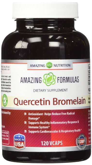 Amazing Nutrition- Quercetin 800 Mg with Bromelain 165 Mg 120 Vcaps A Potent Team Providing Amazing Health Benefits Anti-oxidant and Anti-inflammatory Properties Supports Heart Health Joint Health Energy Production Respiratory Health Inflammatory Response and Overall Healthy Well-being
