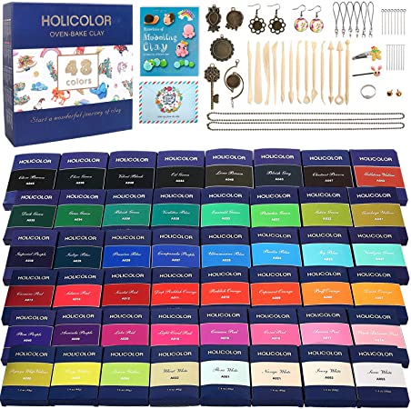 HOLICOLOR 48 Colors (1.4 Ounce Per Pack) Polymer Clay Kit Includes Extra 1 White and 1 Black Oven Bake Clay with Accessories Sets and 14 Sculpting Tools, Manual Book, Magic Modeling Clay kit