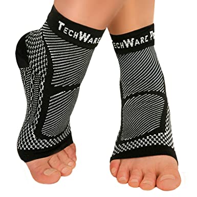 TechWare Pro Ankle Brace Compression Sleeve - Relieves Achilles Tendonitis Joint Pain. Plantar Fasciitis Foot Sock with Arch Support Reduces Swelling & Heel Spur Pain. Injury Recovery for Sports