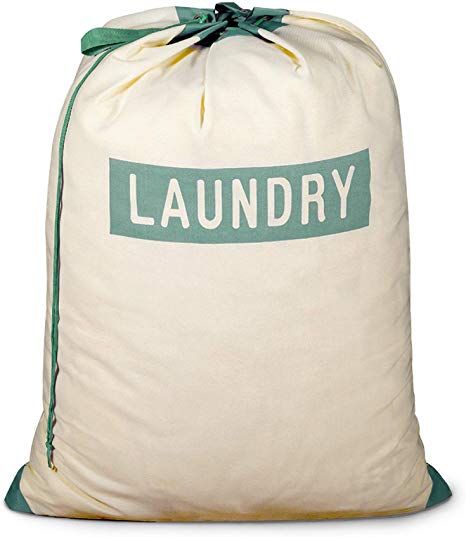 Smart Design Large Laundry Bag w/Handle & Push Lock Drawstring - 100% Cotton Canvas Material - for Clothes & Laundry - Home Organization (Holds 3 Loads) (29 x 36 Inch) [Laundry Logo]