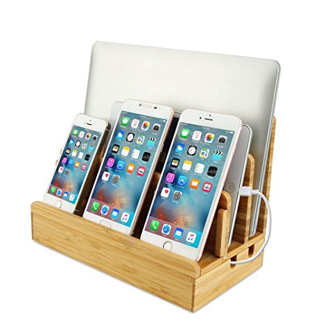 Moreslan Bamboo Phone Charging Stand Wood Desktop Cord Organizer Dock Station Tablet Stand Holder with 3 Slots for Smart Phones, Tablets, Laptops and Other Electronic Devices